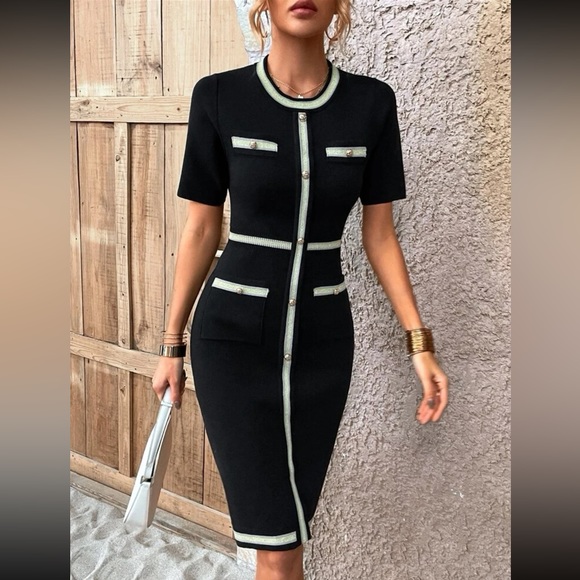 Knit Mix Contrast Trim Sweater Dress - Picture 1 of 3